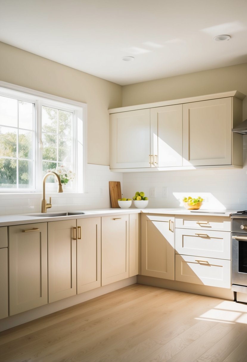 6 Modern Kitchen Paint Color Ideas 10 A bright, airy kitchen with freshly painted walls in a soft, neutral color. Sunlight streams in through the window, casting a warm glow on the clean, modern cabinets and countertops
