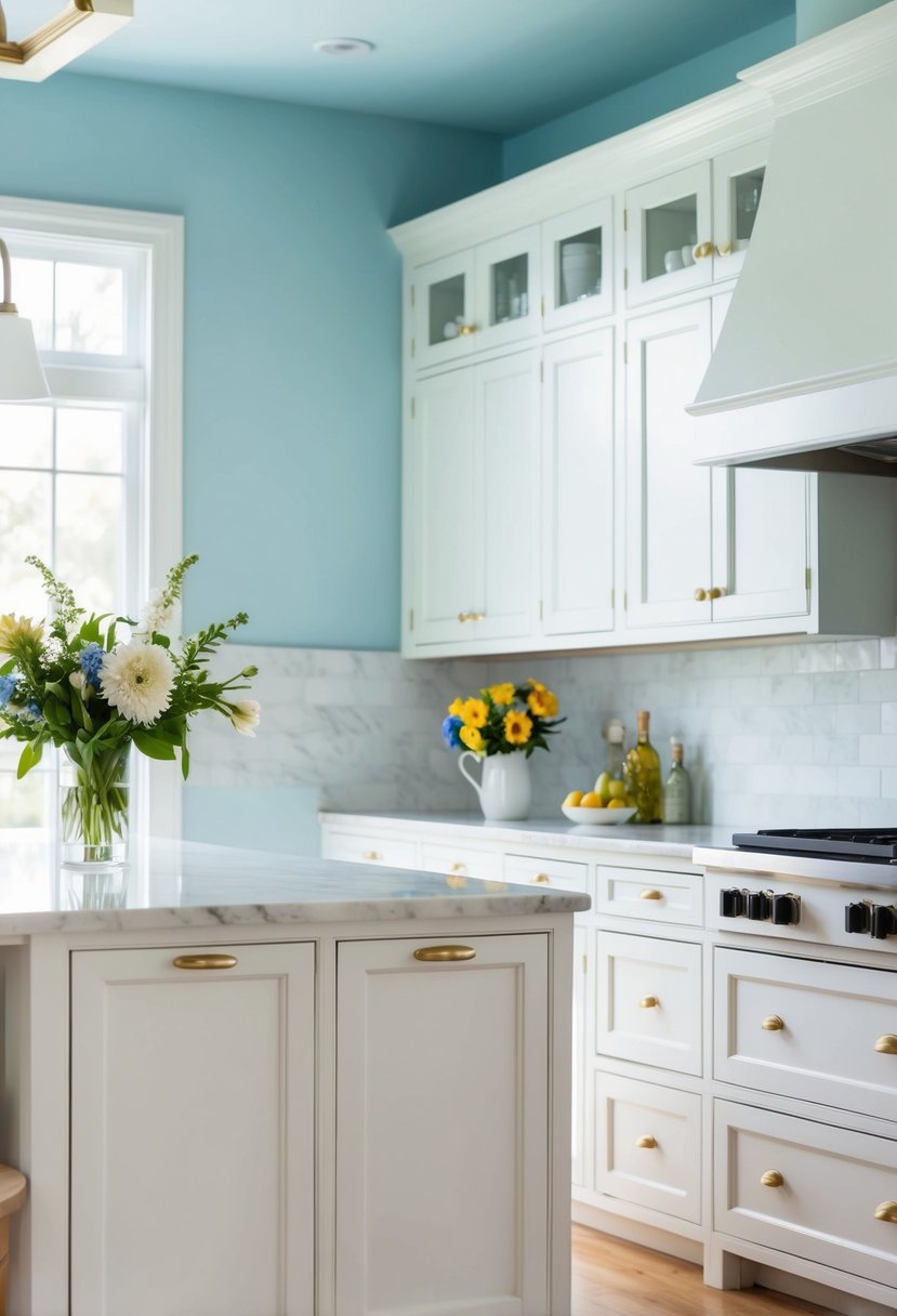 6 Modern Kitchen Paint Color Ideas 11 A bright, airy kitchen with soft blue walls, white cabinets, and marble countertops. A vase of fresh flowers sits on the island