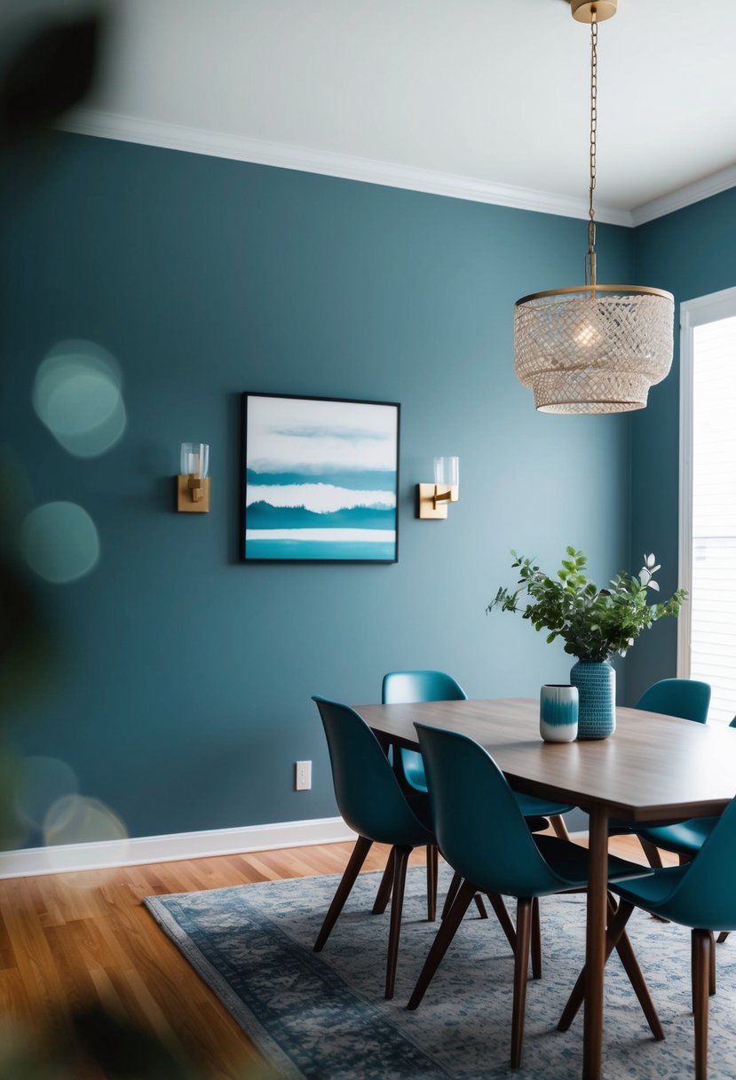 5 Dining Room Paint Color Ideas to Transform Your Space 4 A dining room with Aleutian SW 6241 painted walls, featuring a cool and calming gray-blue color scheme