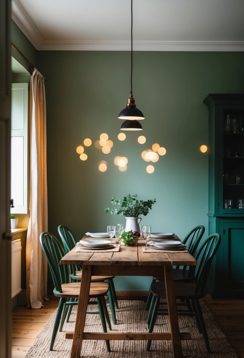 5 Dining Room Paint Color Ideas to Transform Your Space 5 A cozy dining room with muted green walls, warm lighting, and a rustic wooden table set for a meal