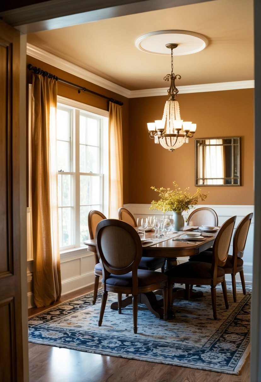 5 Dining Room Paint Color Ideas to Transform Your Space 8 A cozy dining room with warm, earthy paint colors creates a welcoming and intimate atmosphere. The soft glow of natural light highlights the rich tones of the walls and complements the elegant furnishings