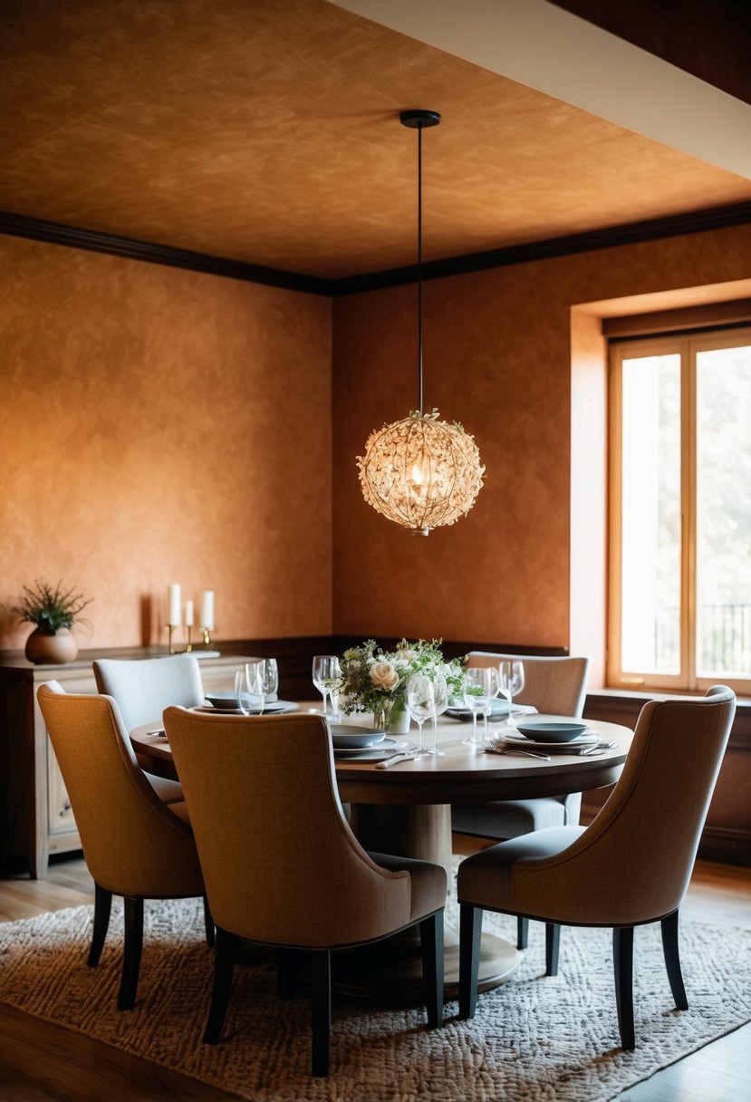 5 Dining Room Paint Color Ideas to Transform Your Space 9 A cozy dining room with warm, earthy tones on the walls. A large wooden table is set with elegant tableware and surrounded by comfortable chairs. Natural light streams in through a window, casting a warm glow over the room