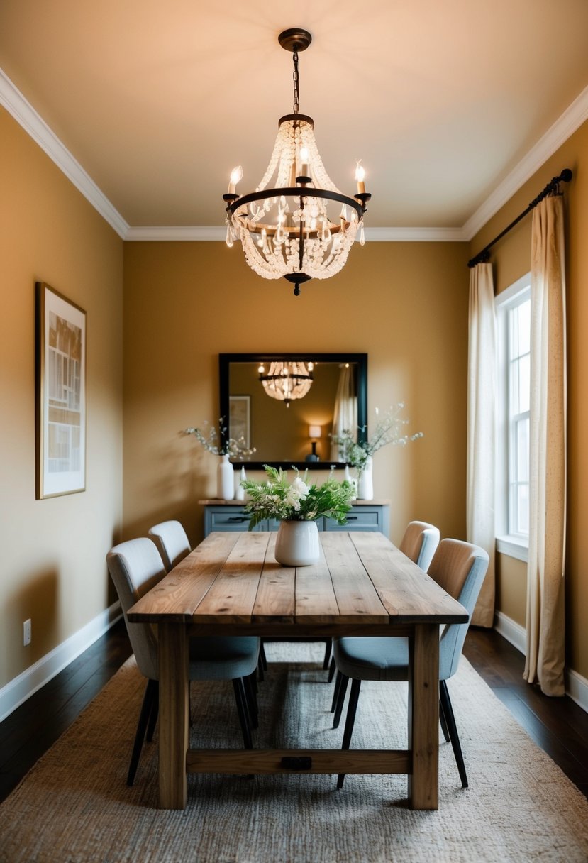 5 Dining Room Paint Color Ideas to Transform Your Space 10 A cozy dining room with warm beige walls, a rustic wooden table, and soft lighting from a chandelier
