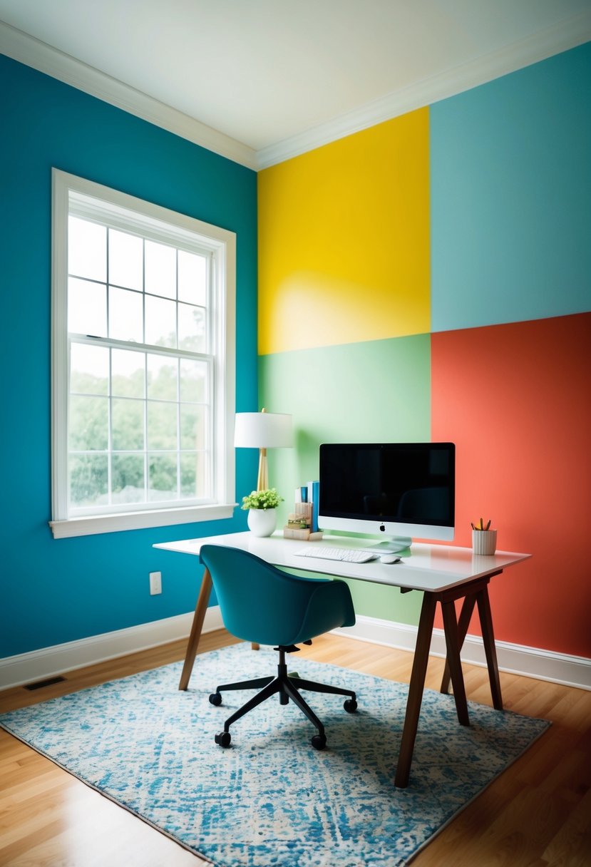 5 Home Office Paint Color Ideas to Boost Productivity and Style 8 A bright, airy home office with a large window, featuring walls painted in calming blue, energizing yellow, soothing green, invigorating red, and focused white