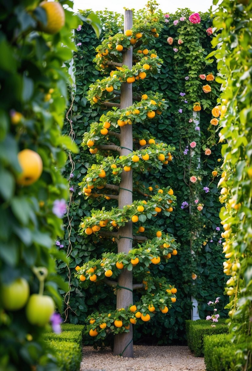 7 Garden Design Ideas to Transform Your Outdoor Space Efficiently 7 Trained fruit trees spiral upwards, interwoven with vines and flowers, creating a lush vertical garden display