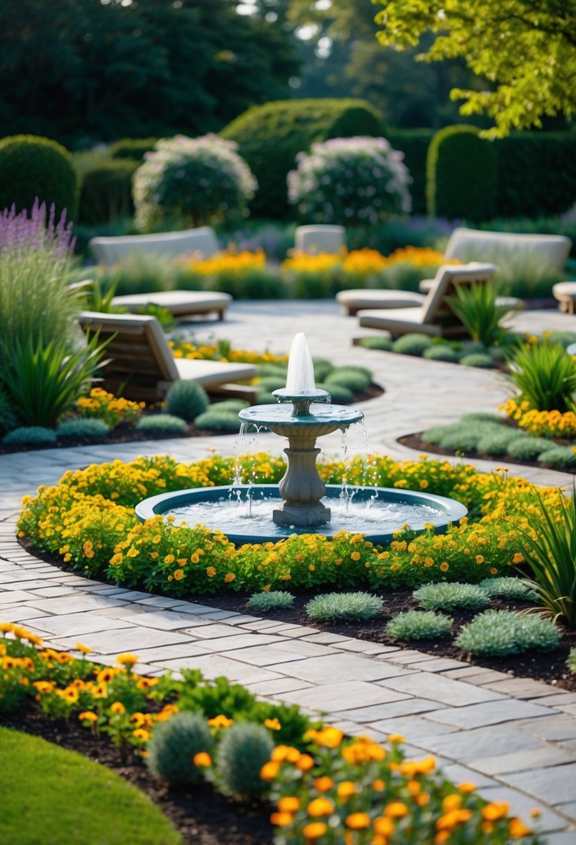 7 Garden Design Ideas to Transform Your Outdoor Space Efficiently 10 A tranquil garden with winding pathways, blooming flower beds, a bubbling fountain, and strategically placed seating areas for relaxation and contemplation