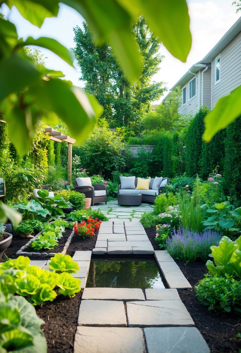 7 Backyard Landscaping Ideas to look Your Outdoor Space Efficiently 12 A lush backyard with a variety of landscaping features, including a vegetable garden, flower beds, a stone pathway, a small pond, and a cozy seating area