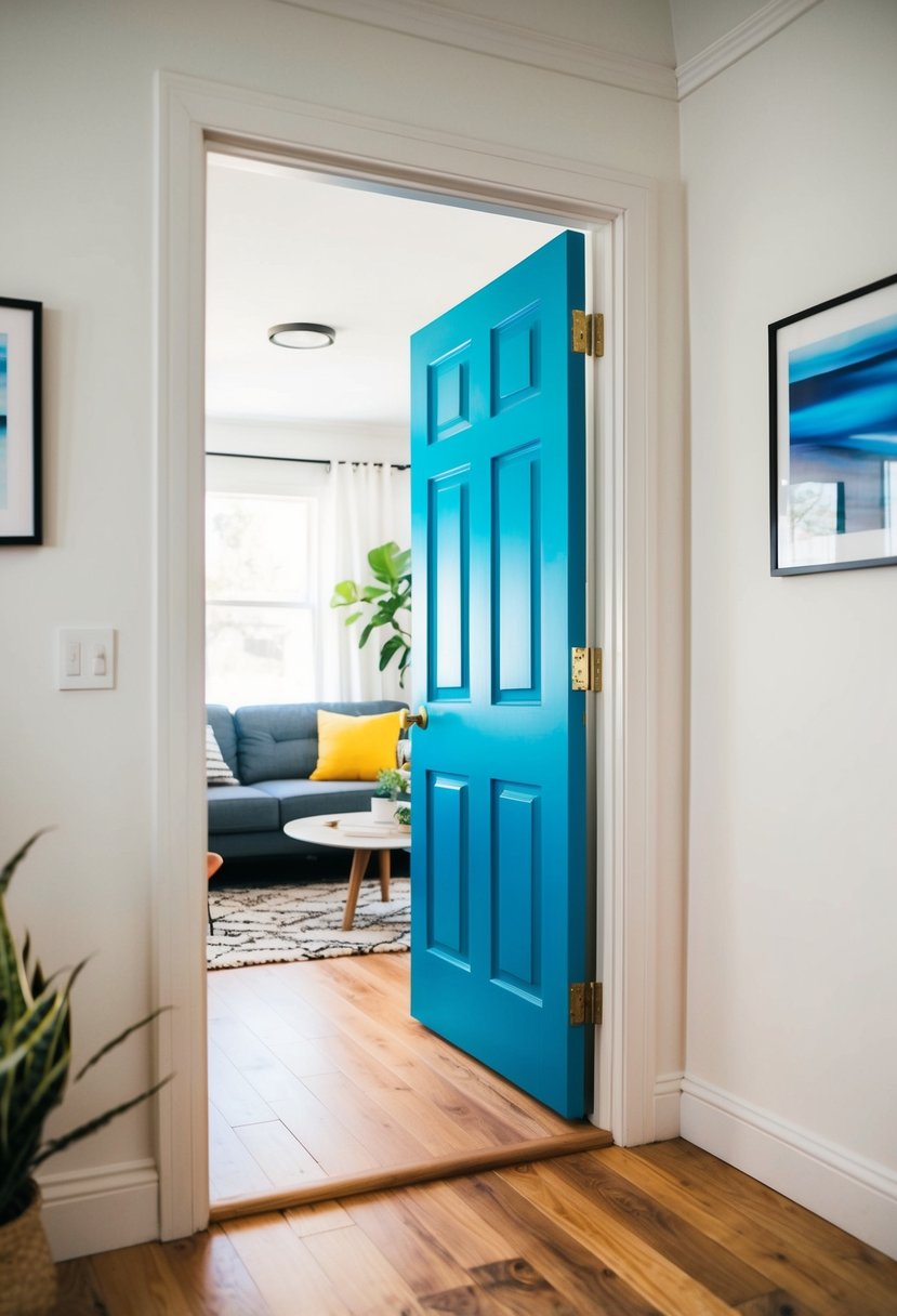 7 Interior Door Color Ideas to Elevate Your Home Style 2 A cozy living room with a pop of color from a vibrant blue Interior door color ideas. White walls and wooden floors create a modern and inviting space