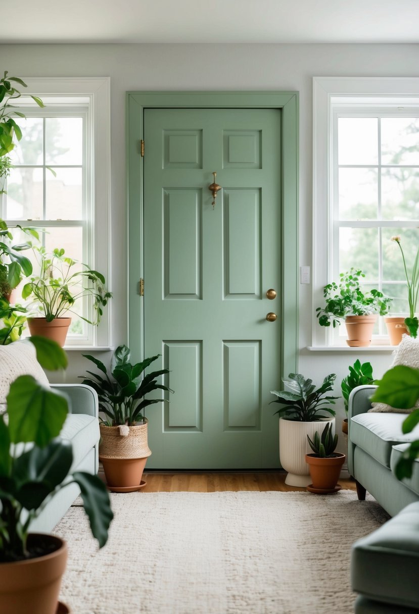 7 Interior Door Color Ideas to Elevate Your Home Style 5 A cozy living room with a soft sage green door, surrounded by potted plants and natural light streaming in through the windows