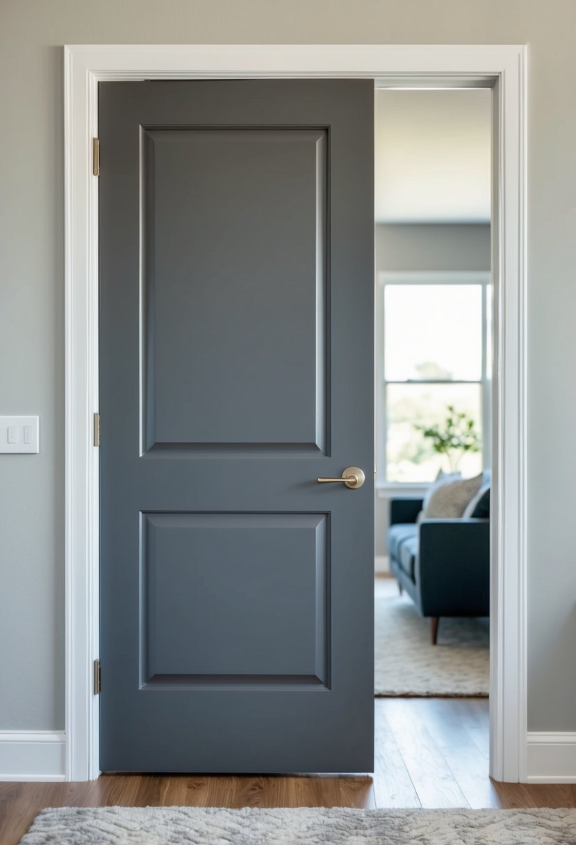 7 Interior Door Color Ideas to Elevate Your Home Style 6 A sleek, modern interior door painted in Iron Ore Gray by Sherwin Williams, adding a touch of elegance to the room