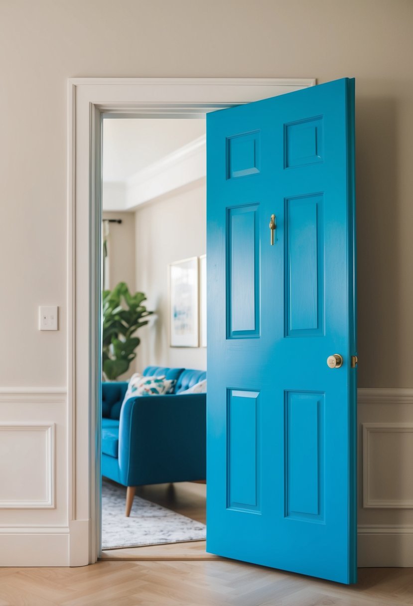 7 Interior Door Color Ideas to Elevate Your Home Style 7 A bright blue door stands out against a neutral background, drawing the viewer's attention and creating an inviting focal point in the room