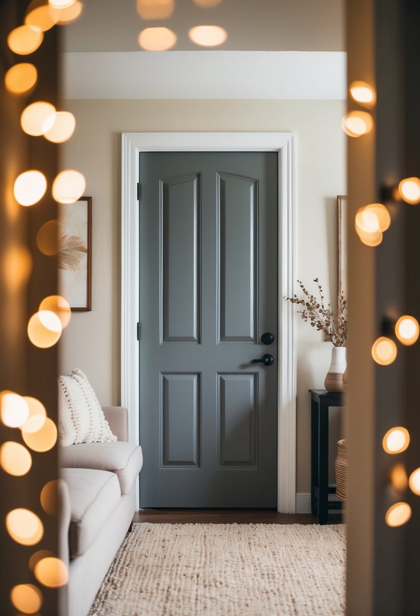 7 Interior Door Color Ideas to Elevate Your Home Style 8 A cozy living room with a Revere Pewter interior door, warm lighting, and neutral decor