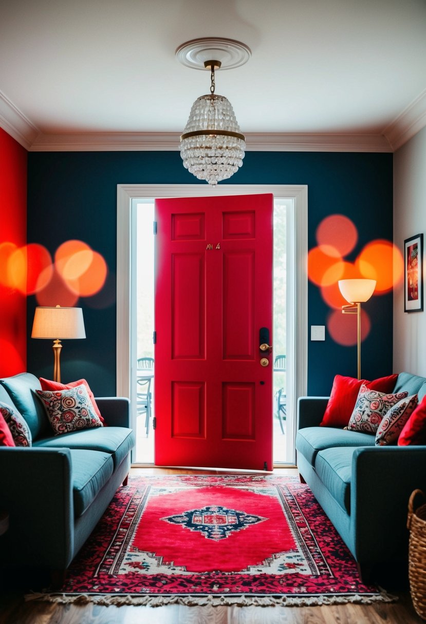 7 Interior Door Color Ideas to Elevate Your Home Style 10 A cozy living room with a vibrant red interior door, creating a bold and energetic atmosphere