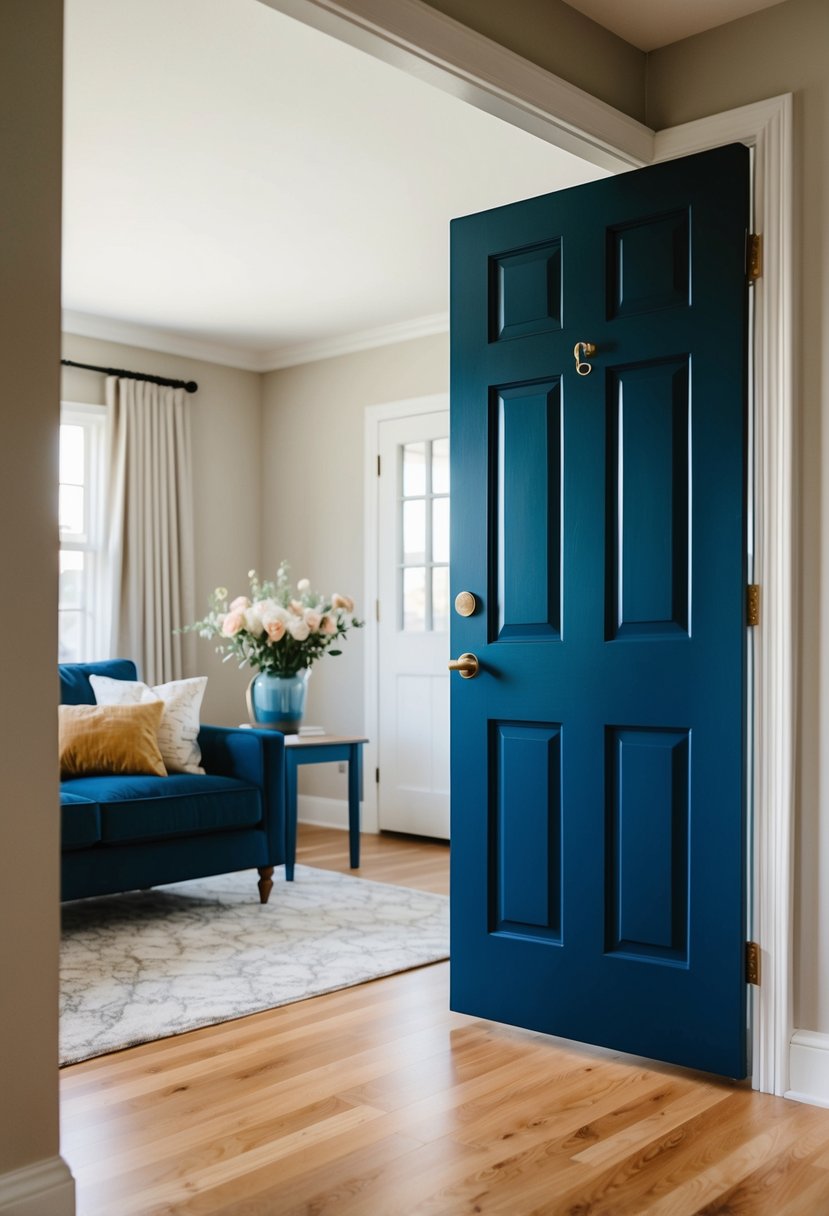 7 Interior Door Color Ideas to Elevate Your Home Style 11 A cozy living room with a deep blue door contrasting against neutral walls and warm wood floors. A vase of flowers sits on a nearby table