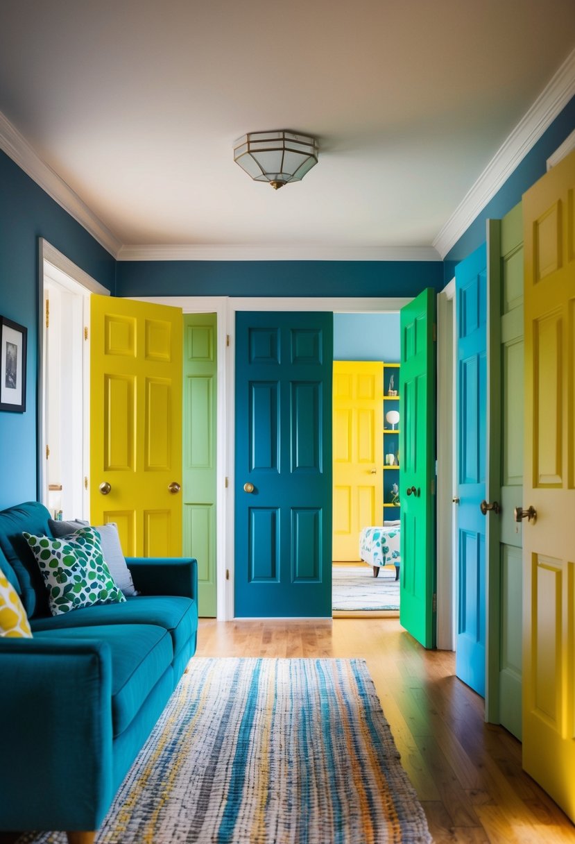 7 Interior Door Color Ideas to Elevate Your Home Style 12 A cozy living room with a variety of colorful interior doors, including shades of blue, green, and yellow, adding a vibrant touch to the space