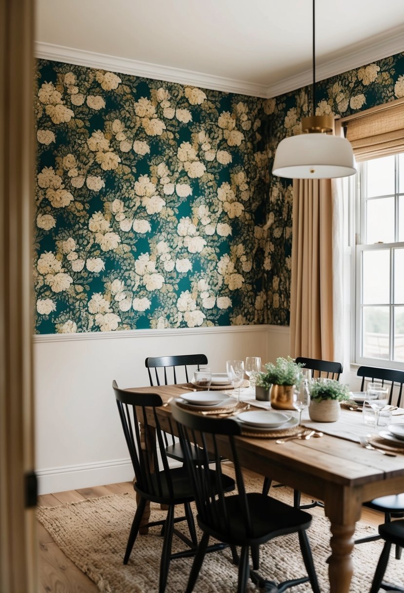 10 Stylish Dining Room Wallpaper Ideas 2 A cozy dining room with a floral Stylish Dining Room Wallpaper Ideas pattern, soft lighting, and a rustic wooden table set for a meal