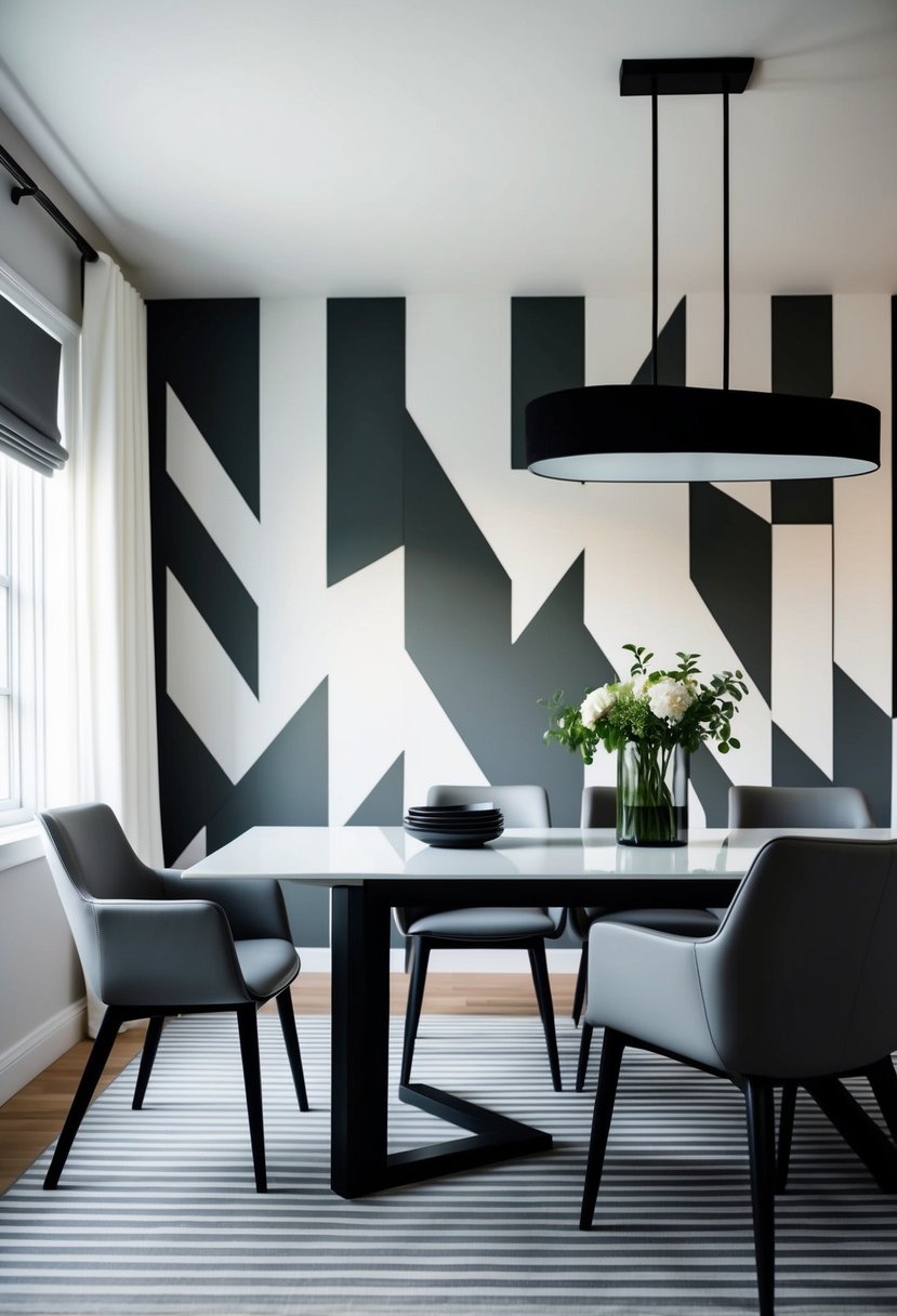 10 Stylish Dining Room Wallpaper Ideas 4 A sleek, modern dining room with geometric wallpaper in shades of gray and white. The clean lines and bold patterns create a contemporary and stylish atmosphere