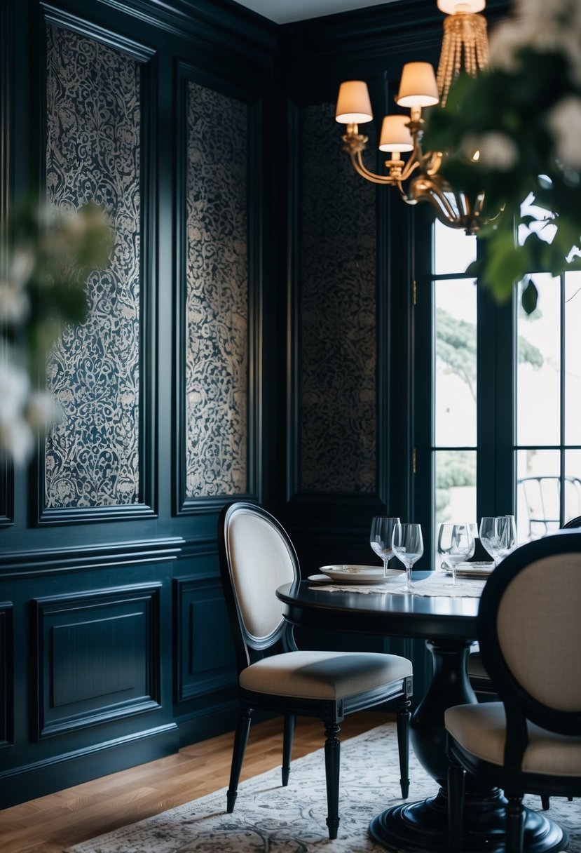 10 Stylish Dining Room Wallpaper Ideas 10 A dining room with dark wood-inspired wallpaper adorned with intricate patterns, creating a cozy and elegant atmosphere