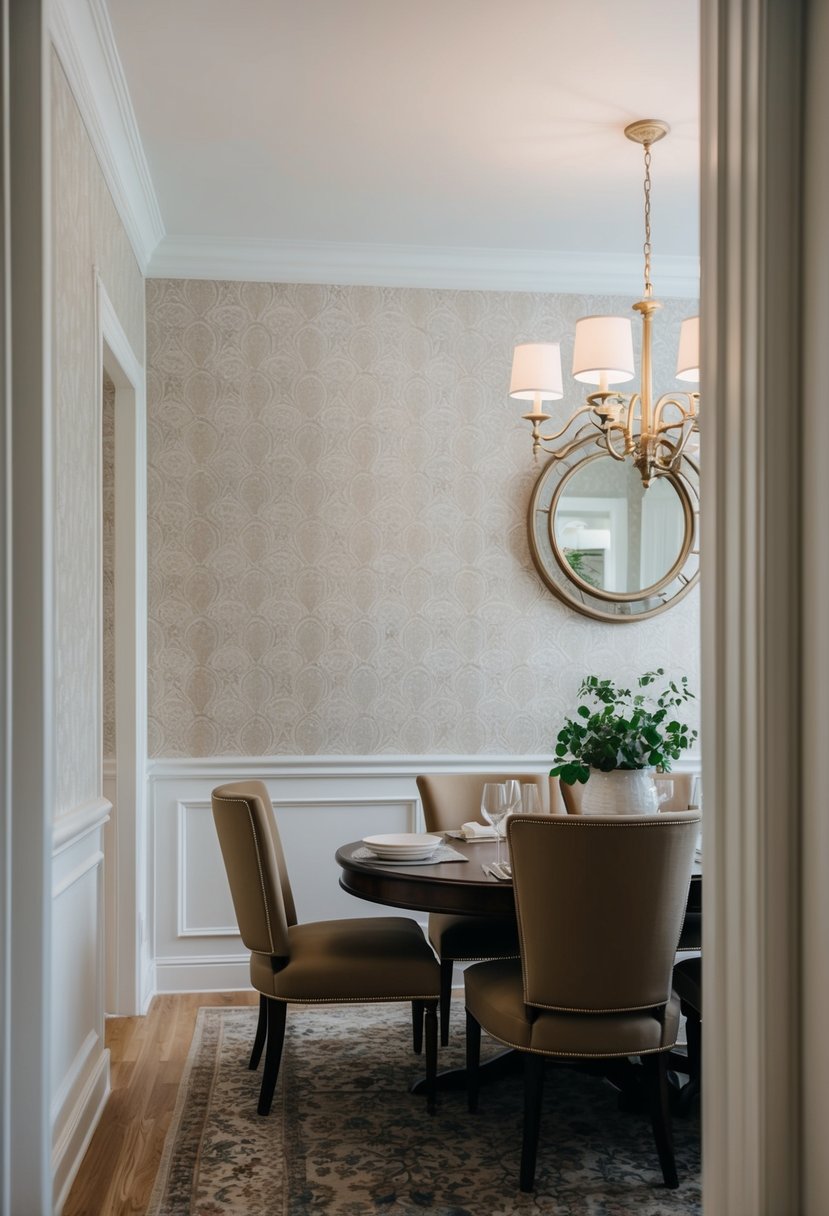 10 Stylish Dining Room Wallpaper Ideas 13 A dining room with elegant wallpaper featuring a subtle pattern, complementing the room's decor and creating a cozy, inviting atmosphere