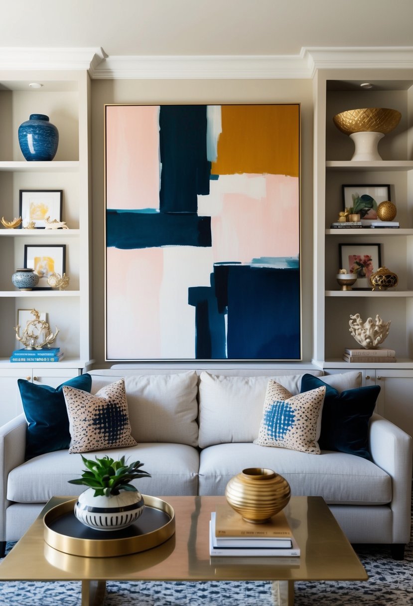 7 Best Living Room Wall Decor Ideas 2 A cozy living room with a large abstract painting as a focal point, surrounded by shelves displaying various art pieces and decorative objects