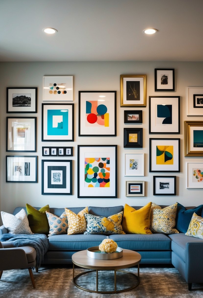 7 Best Living Room Wall Decor Ideas 3 A gallery wall with mixed frames and art styles adorns the living room, creating a dynamic and eclectic focal point