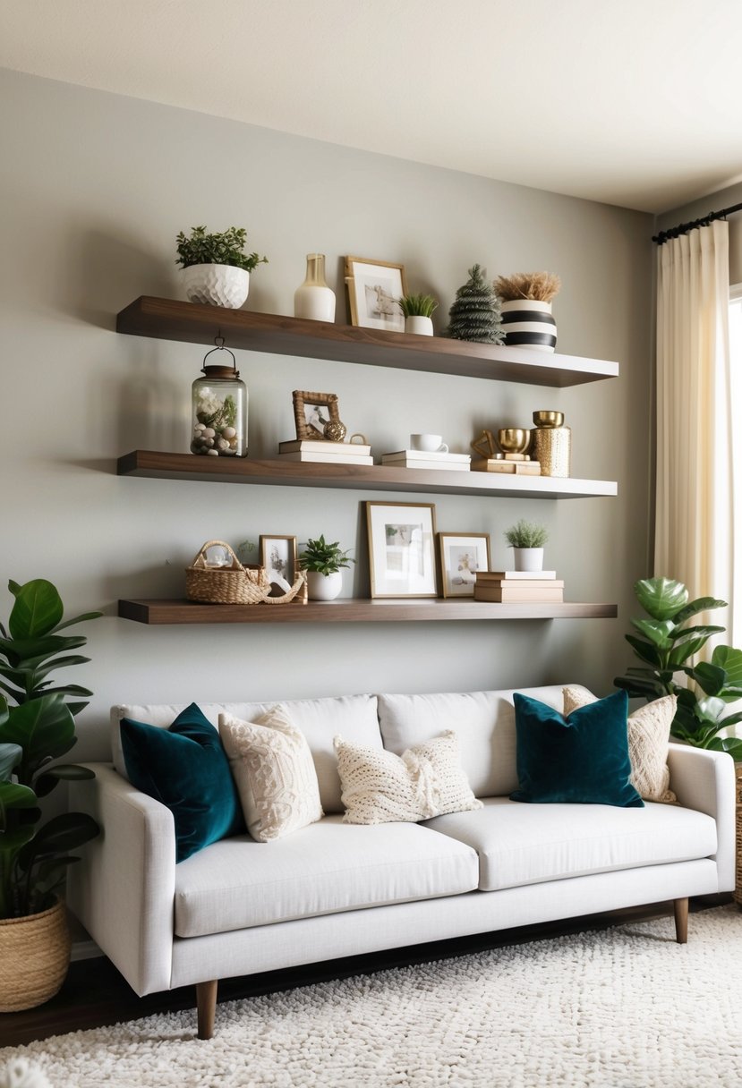 7 Best Living Room Wall Decor Ideas 5 A living room wall adorned with floating shelves showcasing carefully curated decor items