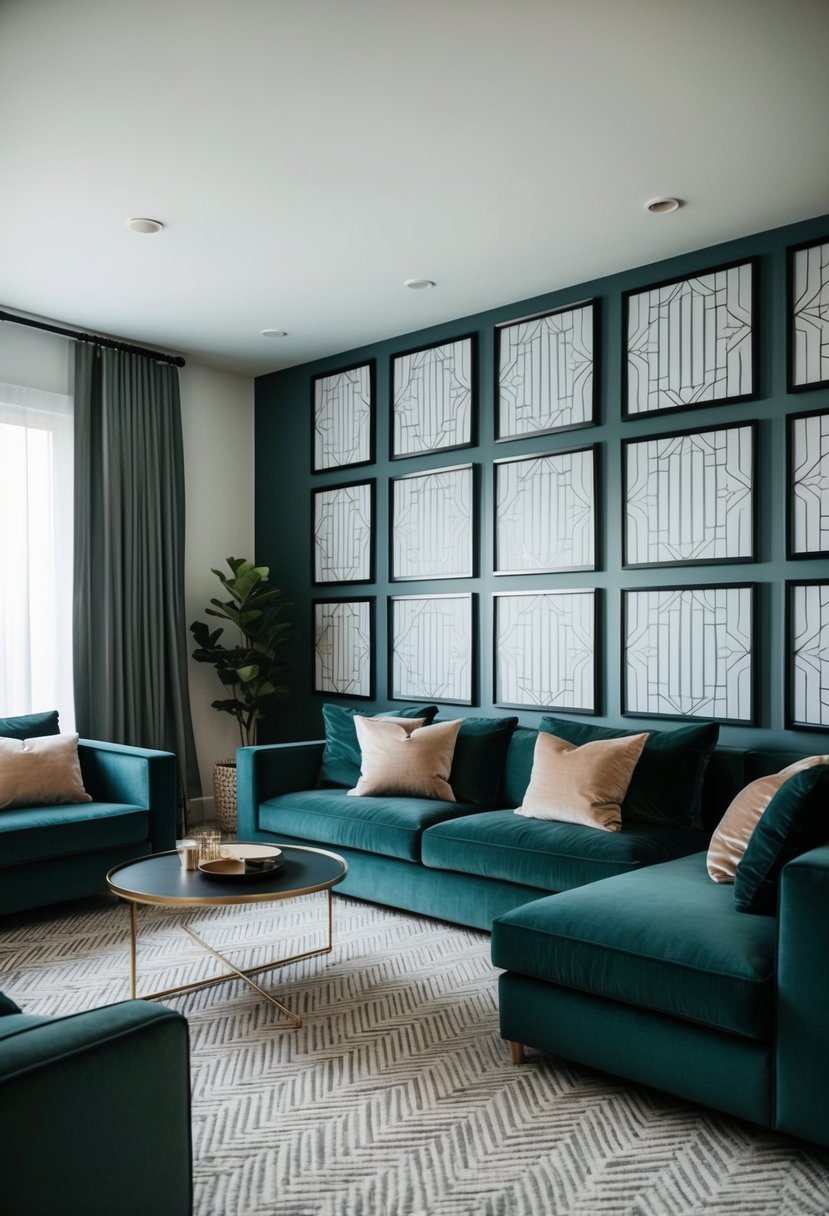 7 Best Living Room Wall Decor Ideas 6 A modern living room with geometric wallpaper panels adorning the walls, creating a stylish and contemporary decor