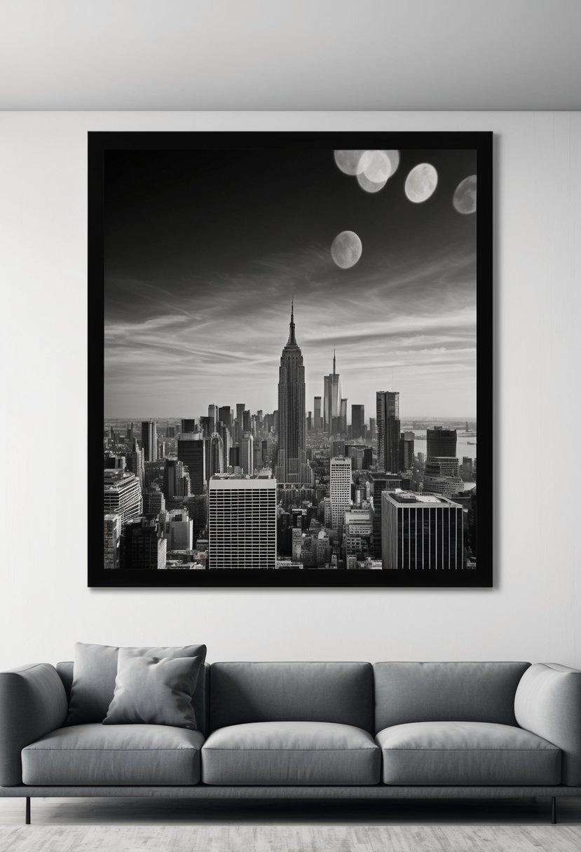 7 Best Living Room Wall Decor Ideas 7 A large black and white photograph of a city skyline hangs above a modern gray sofa in a spacious, minimalist living room