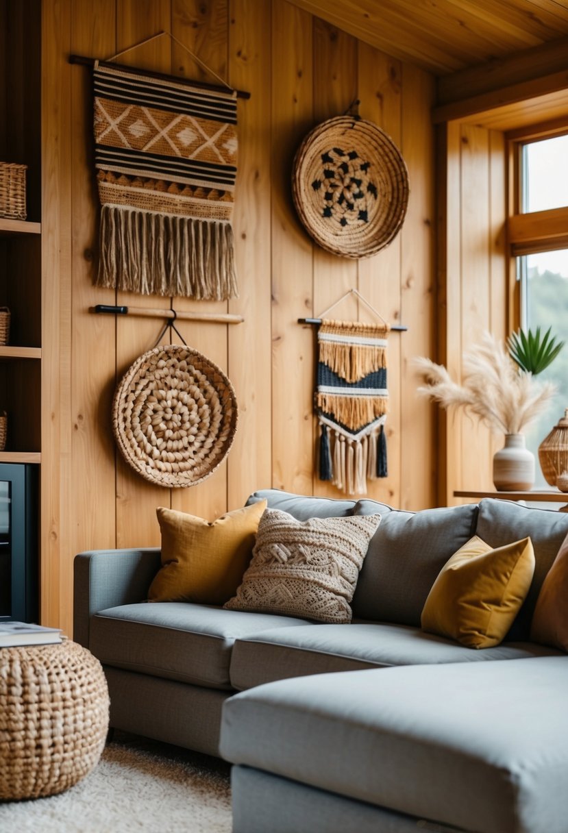 7 Best Living Room Wall Decor Ideas 8 A cozy living room with wooden wall hangings in natural textures, creating a warm and inviting atmosphere