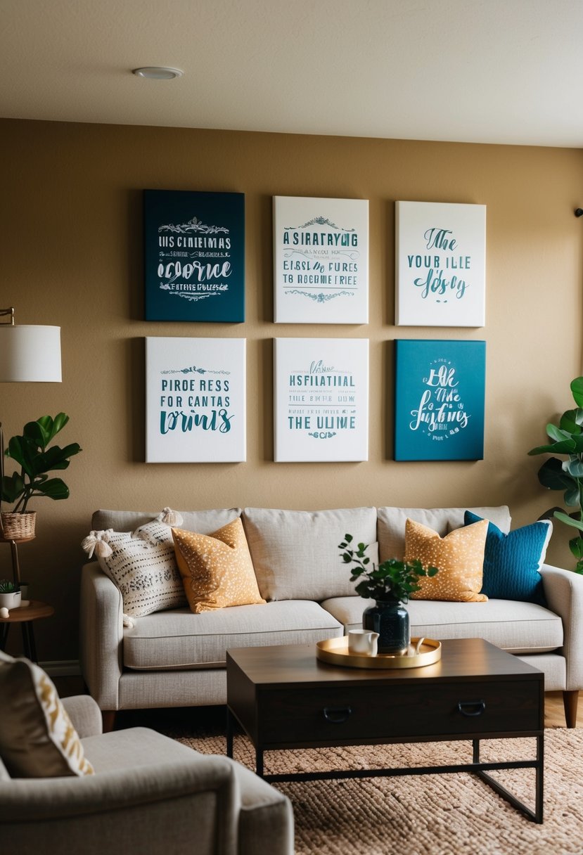 7 Best Living Room Wall Decor Ideas 9 A cozy living room with inspirational canvas prints adorning the walls, creating a warm and inviting atmosphere