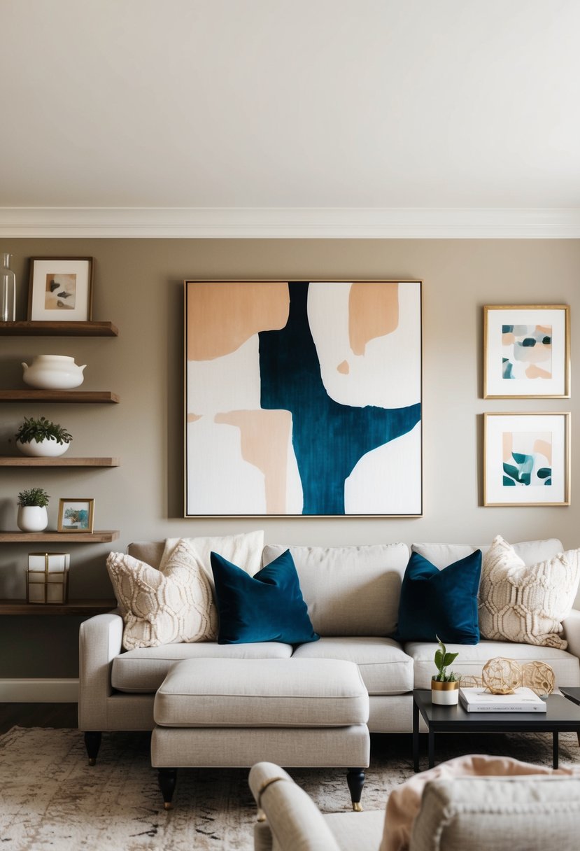 7 Best Living Room Wall Decor Ideas 10 A cozy living room with a neutral color palette, featuring a large abstract painting, complemented by a mix of decorative wall shelves and framed artwork