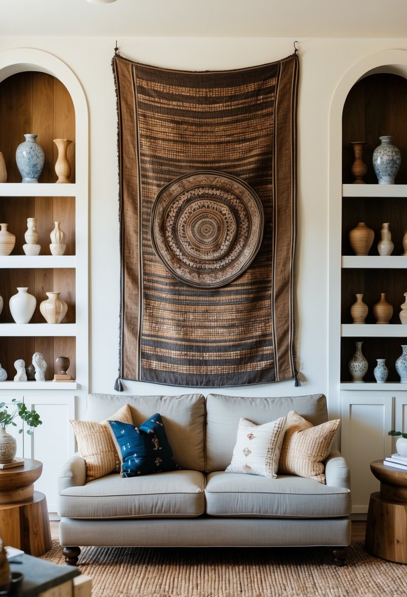 7 Best Living Room Wall Decor Ideas 11 A cozy living room with a large woven tapestry hanging on the wall, surrounded by shelves displaying ceramic and wooden sculptures