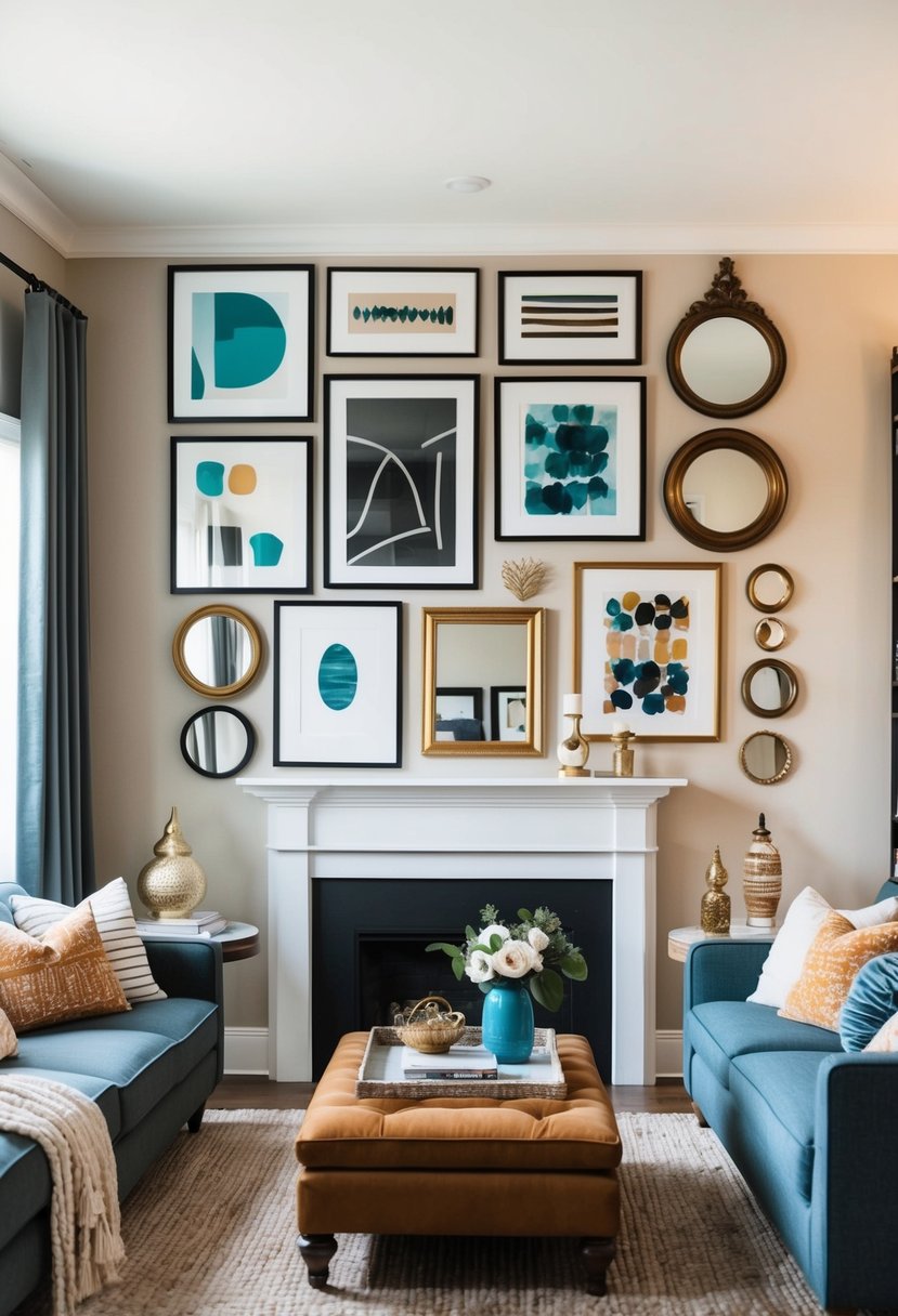 7 Best Living Room Wall Decor Ideas 12 A cozy living room with a large gallery wall featuring a mix of framed artwork, mirrors, and decorative objects in various sizes and shapes