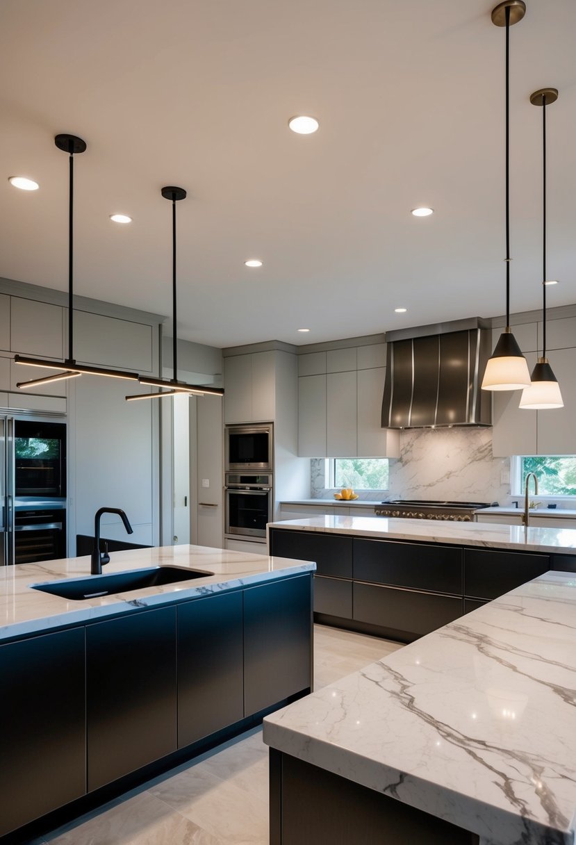 Kitchen Islands Design Transforming your Home 2 A spacious kitchen with sleek, marble-topped islands and modern pendant lighting