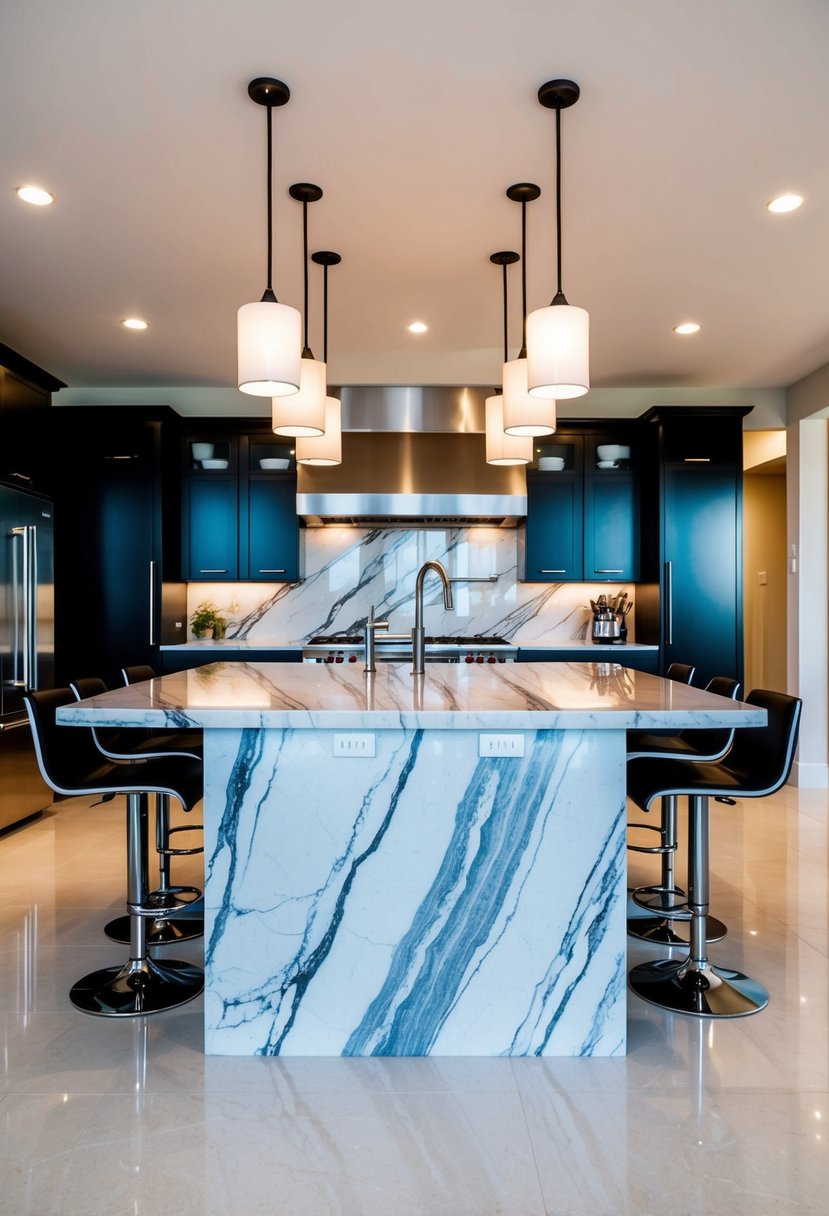 Kitchen Islands Design Transforming your Home 3 A spacious kitchen with a large, marble-topped island, surrounded by sleek bar stools. Pendant lights hang above, casting a warm glow on the shiny surface