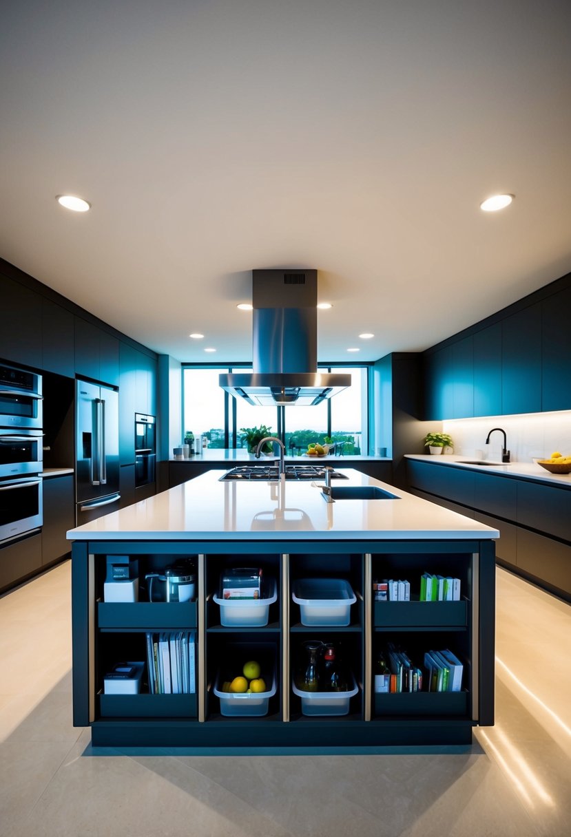 Kitchen Islands Design Transforming your Home 5 A spacious kitchen island with built-in storage compartments and organizational features, surrounded by sleek countertops and modern appliances