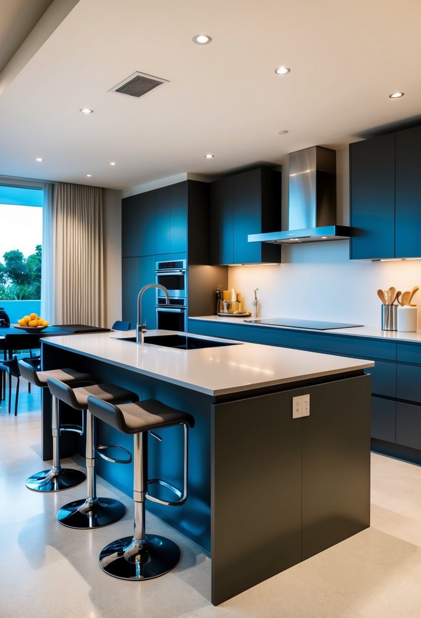 Kitchen Islands Design Transforming your Home 7 A modern kitchen with a sleek, multifunctional island featuring built-in storage, a cooktop, and seating options for a versatile and efficient cooking space