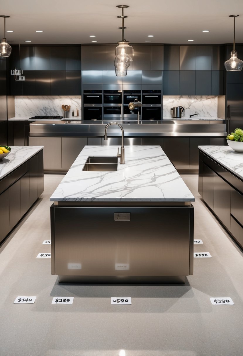 Kitchen Islands Design Transforming your Home 8 A sleek, modern kitchen island with marble countertop and stainless steel fixtures, surrounded by various styles and sizes of islands with corresponding price tags
