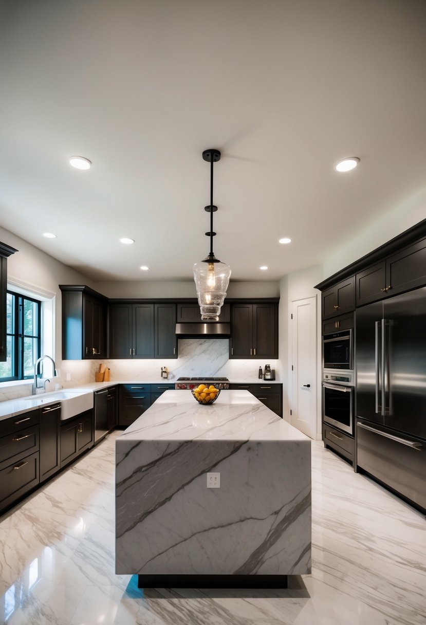 Kitchen Islands Design Transforming your Home 9 A spacious, well-lit kitchen with a sleek, marble-topped island surrounded by modern appliances and ample storage