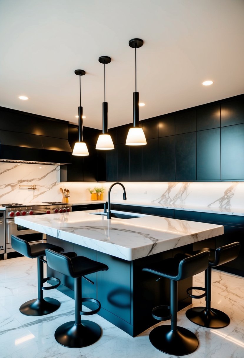Kitchen Islands Design Transforming your Home 10 A spacious kitchen with a sleek, marble-topped island, surrounded by modern bar stools and pendant lighting