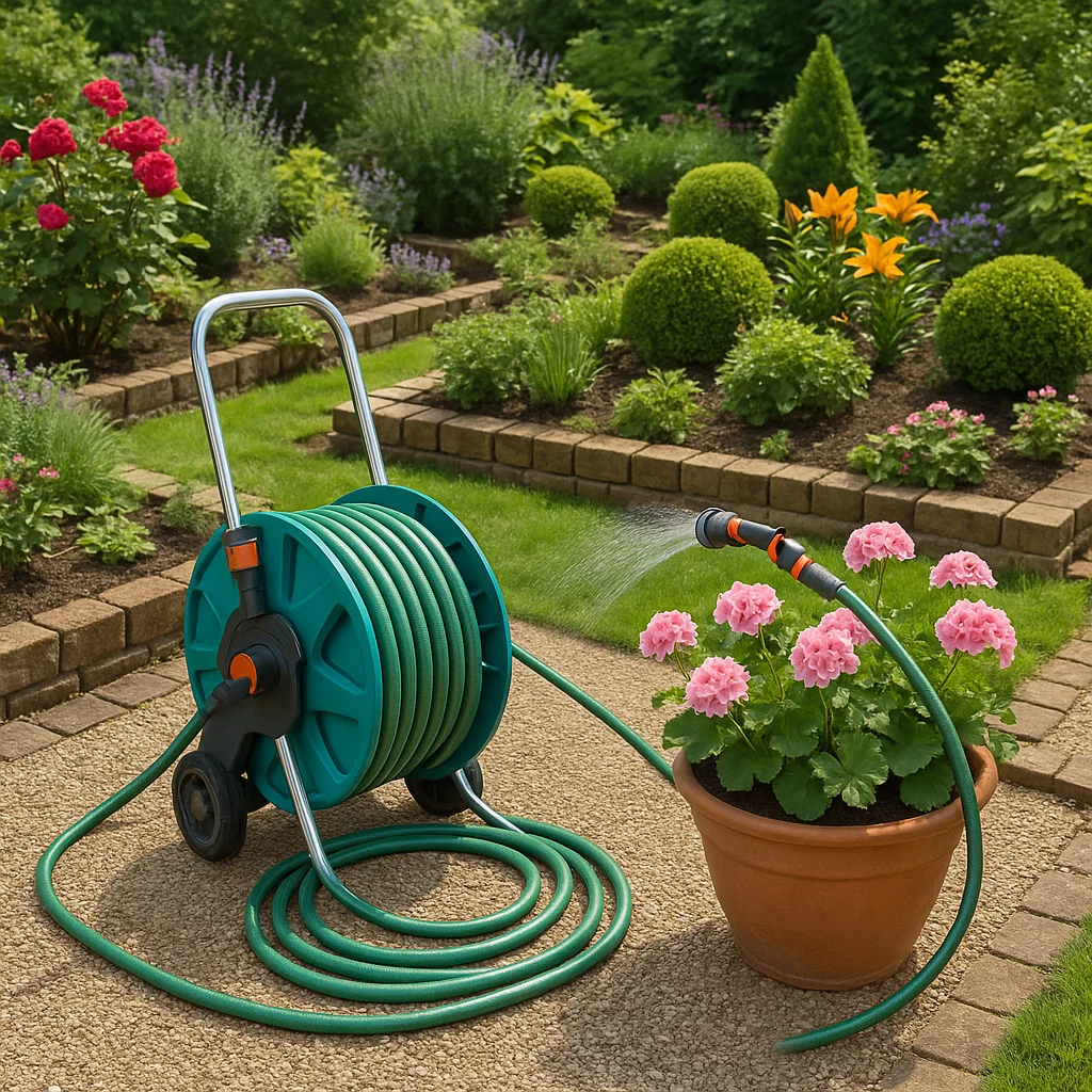 Best Way to Store a Garden Hose - Best ways I Recommended 9 image of a beautifully organized garden with a hose reel and pot in use. Confirm if you’d like me to generate this image