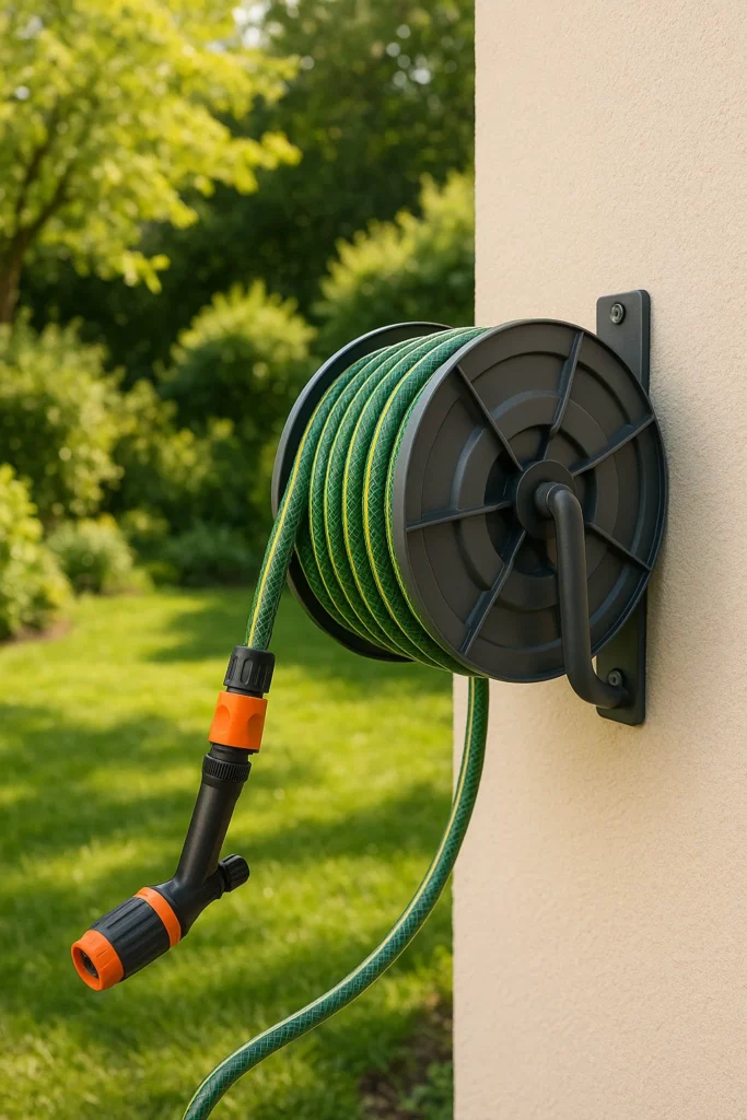 Best Way to Store a Garden Hose - Best ways I Recommended 2 high-quality image of a neatly coiled garden hose storage on a wall-mounted reel, set against a lush backyard
