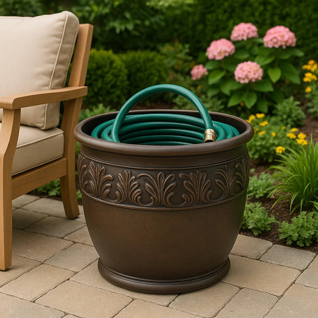 Best Way to Store a Garden Hose - Best ways I Recommended 7 image of a stylish hose pot in a garden setting, blending seamlessly with outdoor decor
