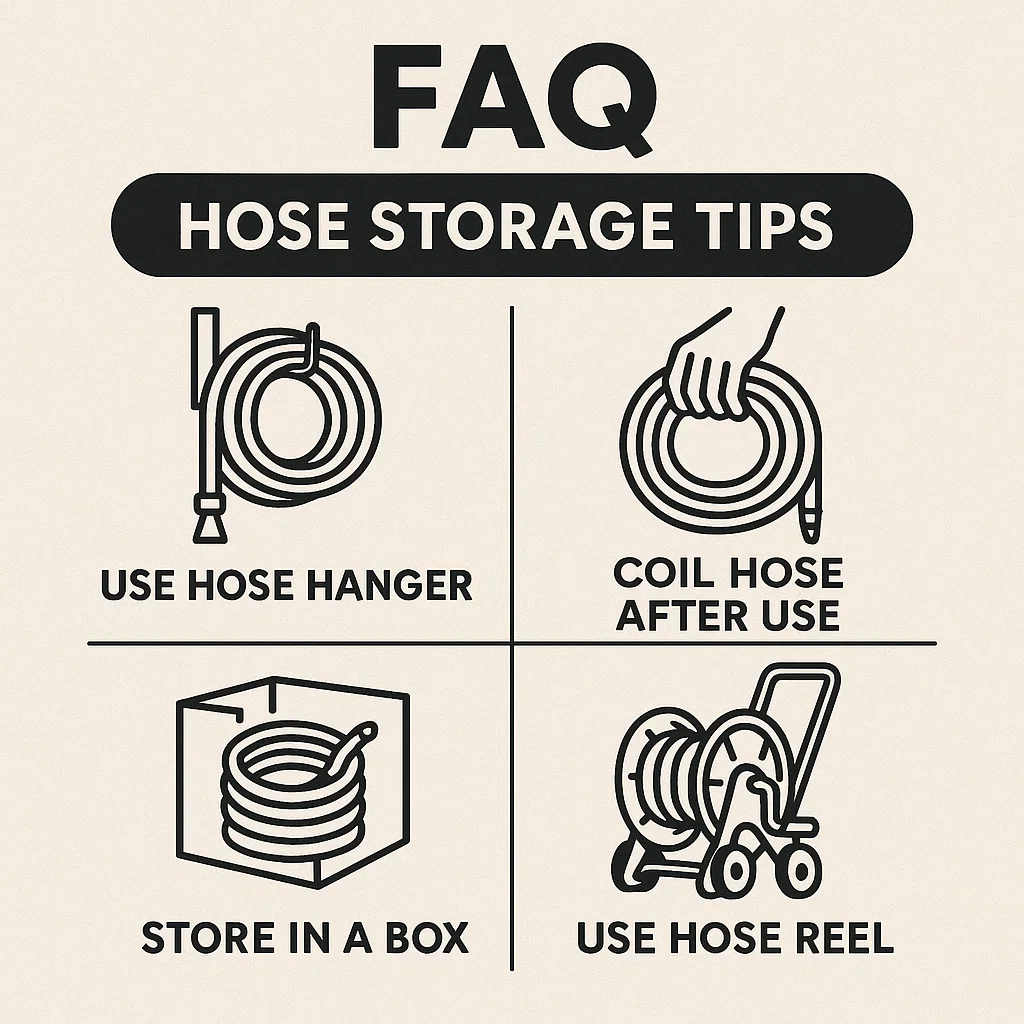 Best Way to Store a Garden Hose - Best ways I Recommended 8 image of a FAQ infographic with icons representing hose storage tips. Confirm if you’d like me to generate this image