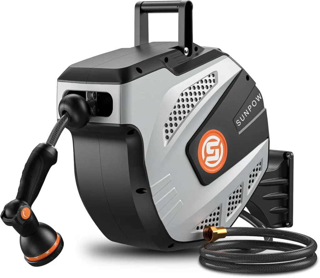 Best Way to Store a Garden Hose - Best ways I Recommended 4 SUNPOW Retractable Garden Hose Reel - 1/2 inch x 50ft Wall Mounted Hose Reel with 3/4 inch Brass Fitting & 10 Function Sprayer Nozzle - Any Length Lock, Auto Rewind System, 180°Swivel Bracket - Grey