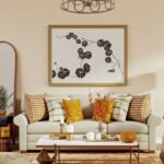 Autumn home decorating ideas in a warm living room with a fireplace and layered fall textures