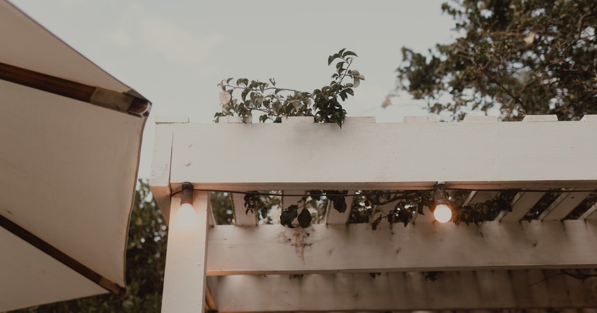 Backyard wedding ideas with a pergola strung with warm string lights and an outdoor umbrella