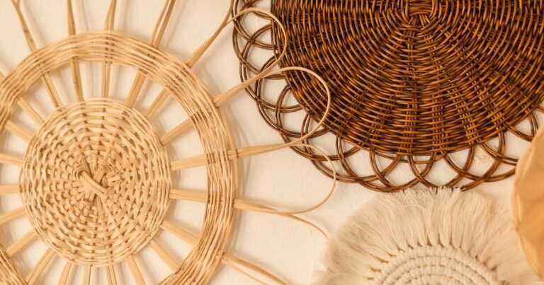 Boho wall decor with woven baskets arranged in a cluster on a textured wall