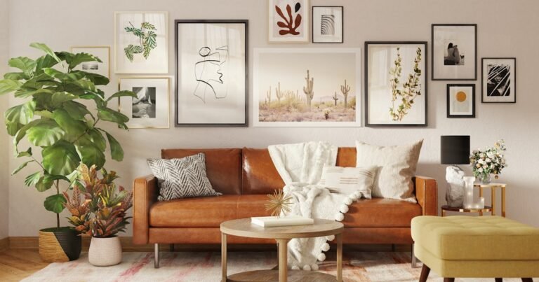 Economy home decor in a living room styled with an affordable armchair and warm neutral tones