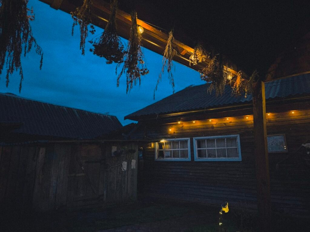 Dark wooden building with string lights at dusk